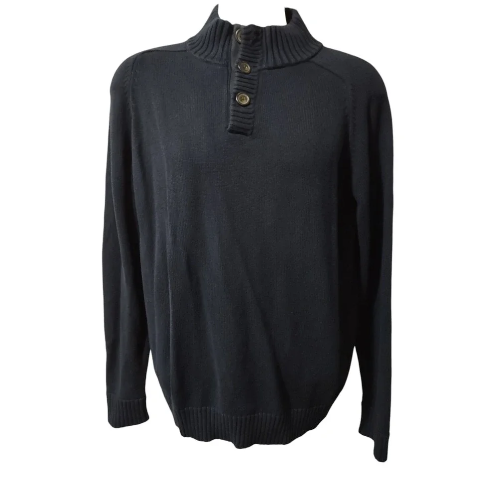 J.CREW Henley Knit Sweater Mens XL Navy Blue 100 Cotton Pullover Raglan 3 Button